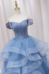 Blue Tulle Layers Long Evening Prom Gown, A-Line Blue Evening Dress