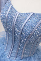 Blue Tulle Layers Long Evening Prom Gown, A-Line Blue Evening Dress