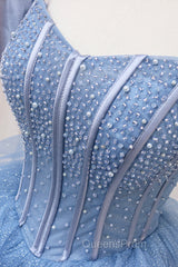 Blue Tulle Layers Long Evening Prom Gown, A-Line Blue Evening Dress