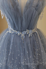 Blue Tulle Layers Straps Beaded Long Evening Prom Dress, Blue A-Line Evening Dress