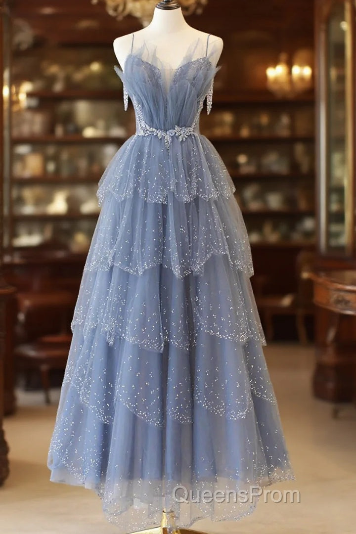 Blue Tulle Layers Straps Beaded Long Evening Prom Dress, Blue A-Line Evening Dress Main image