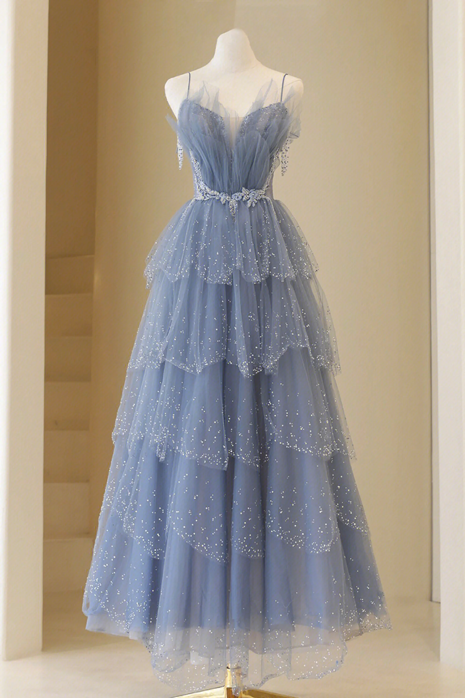 Blue Tulle Layers Straps Beaded Long Classy Prom Dress, Blue A-Line Classy Evening Dress Main image