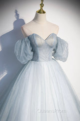 Blue Tulle Long A-Line Ball Gown, Off the Shoulder Evening Dress