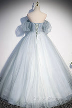 Blue Tulle Long A-Line Ball Gown, Off the Shoulder Evening Dress