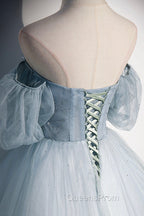 Blue Tulle Long A-Line Ball Gown, Off the Shoulder Evening Dress