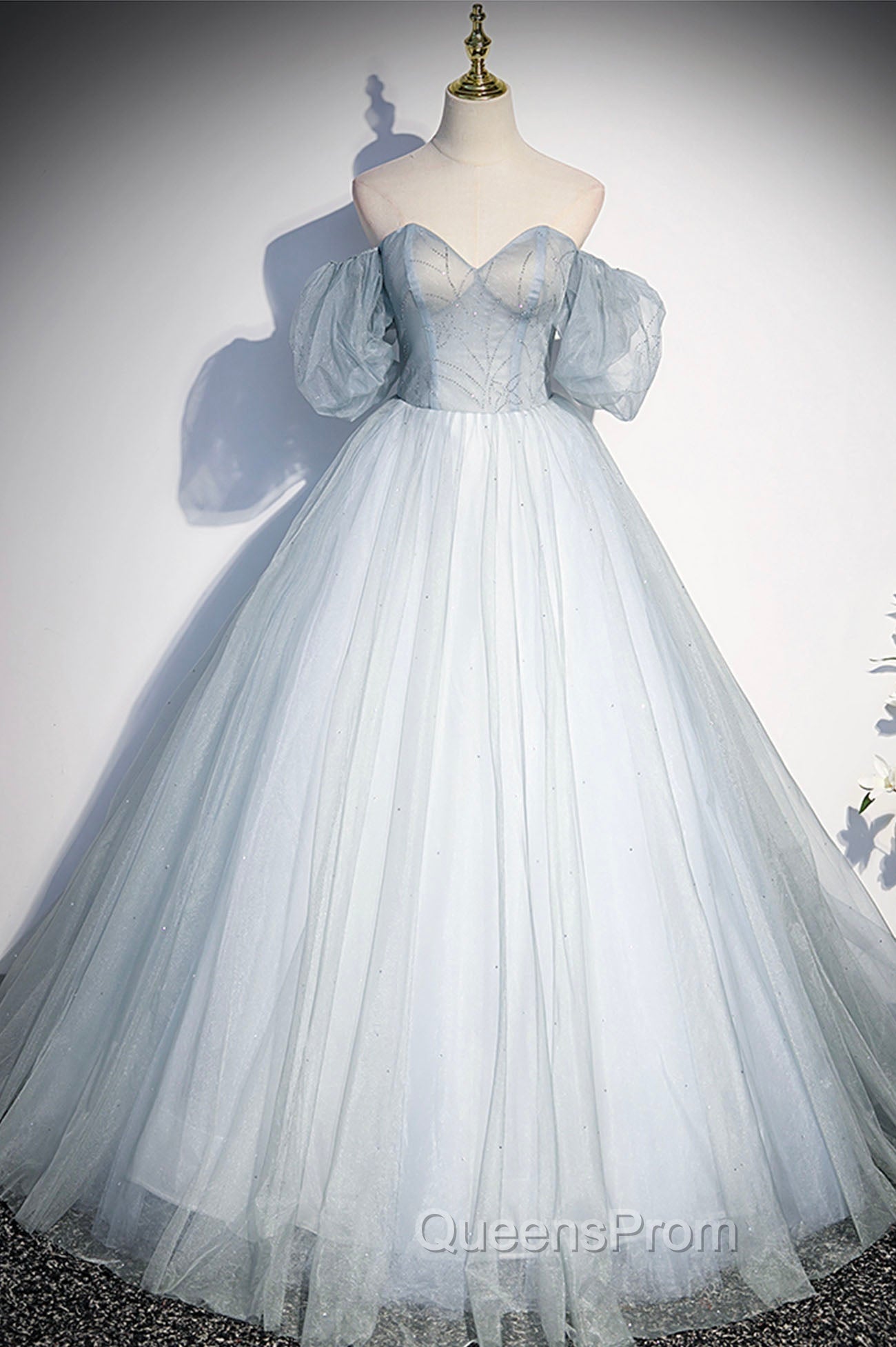 Blue Tulle Long A-Line Ball Gown, Off the Shoulder Evening Dress Main image