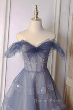Blue Tulle Long A-Line Evening Prom Dress