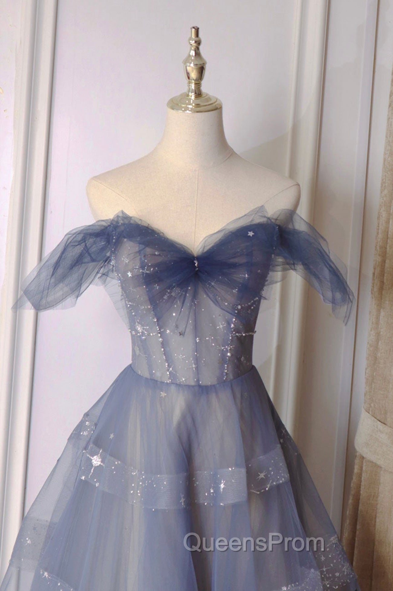 Blue Tulle Long A-Line Evening Prom Dress
