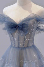 Blue Tulle Long A-Line Evening Prom Dress