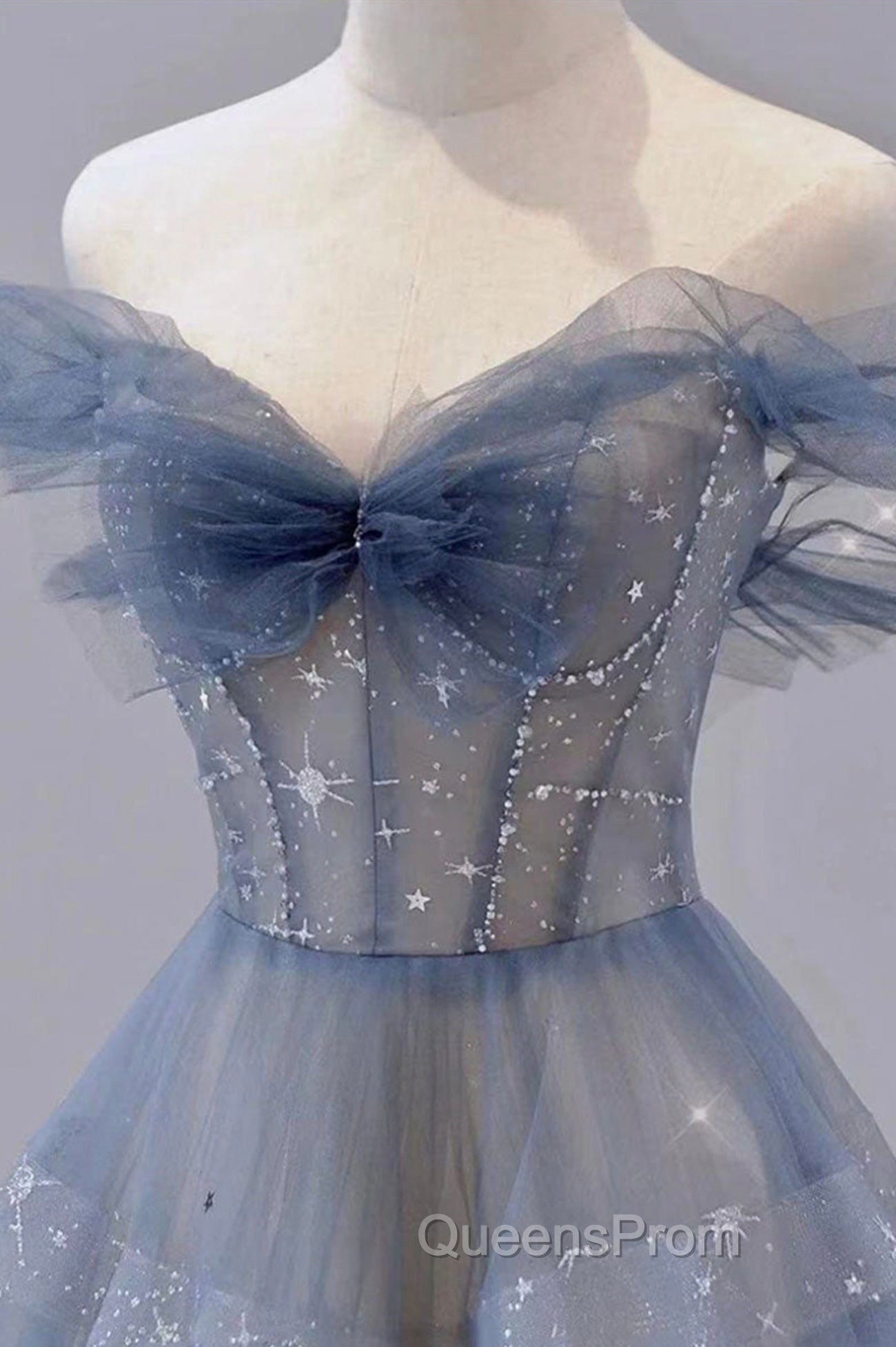 Blue Tulle Long A-Line Evening Prom Dress
