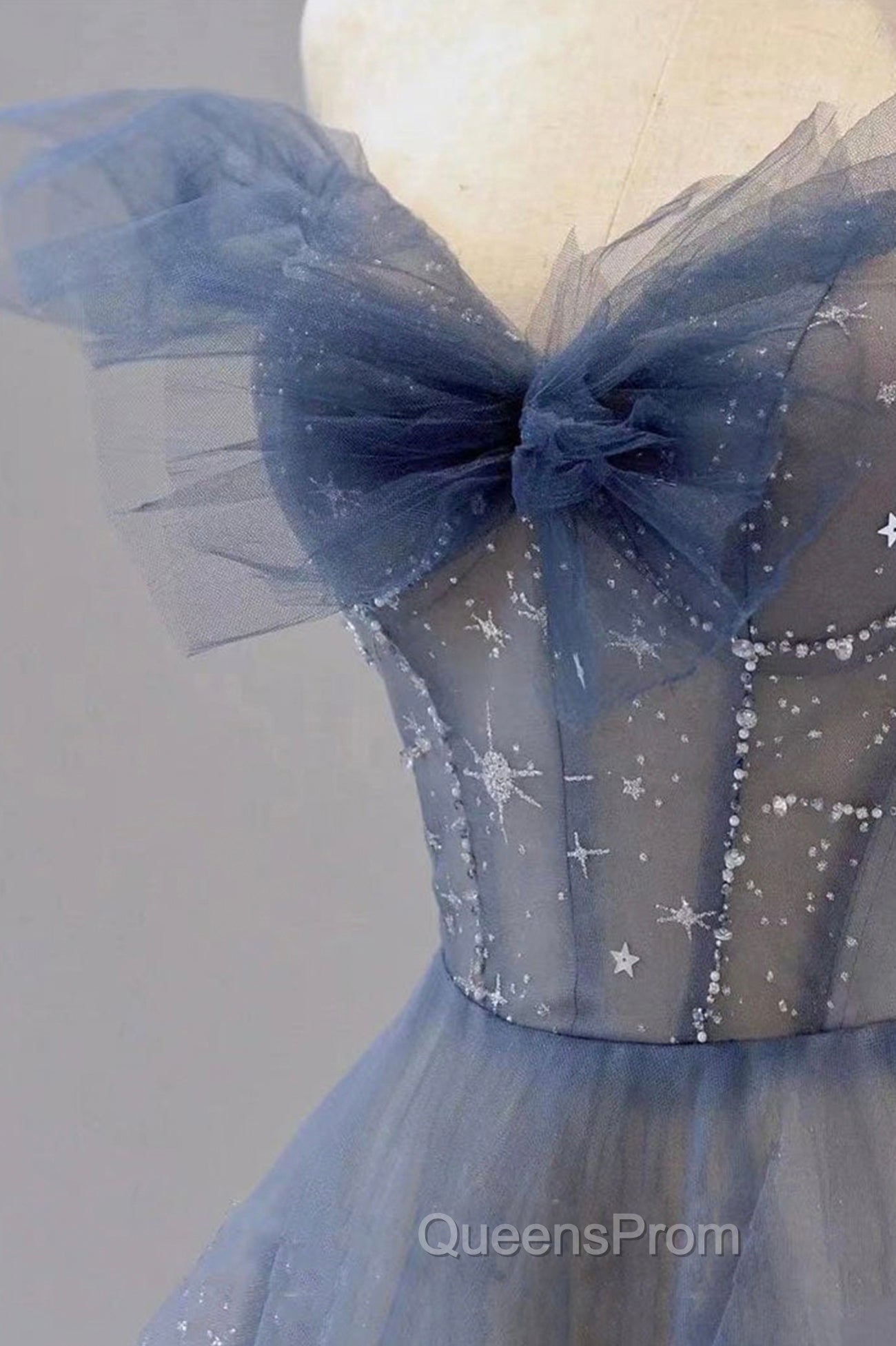 Blue Tulle Long A-Line Evening Prom Dress