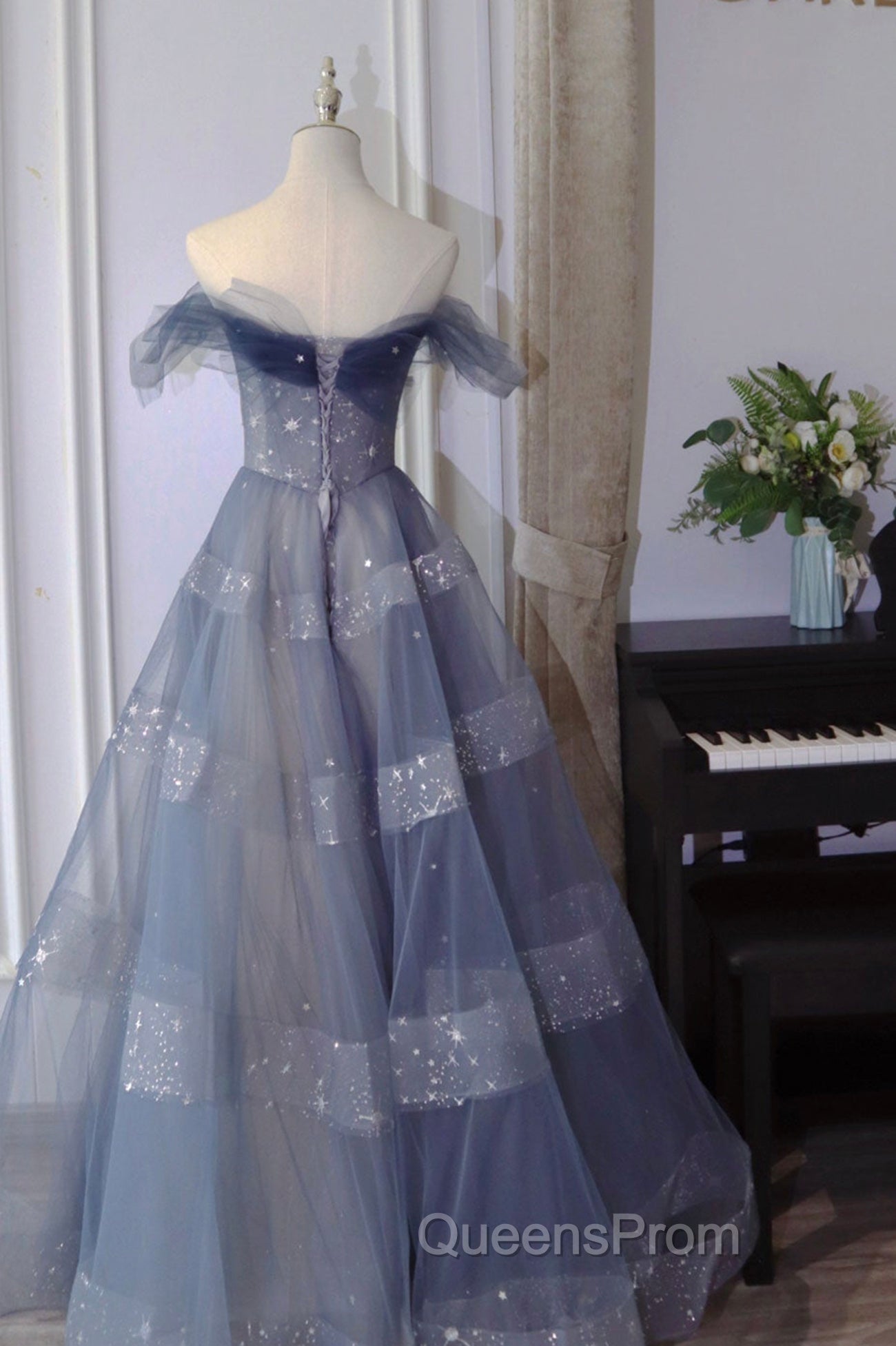 Blue Tulle Long A-Line Evening Prom Dress