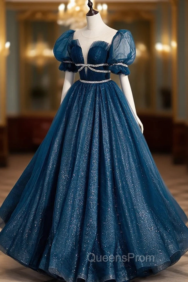 Blue Tulle Long A-Line Evening Prom Dress, A-Line Short Sleeve Evening Dress