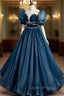 Blue Tulle Long A-Line Evening Prom Dress, A-Line Short Sleeve Evening Dress