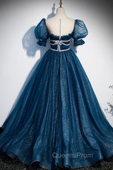 Blue Tulle Long A-Line Evening Prom Dress, A-Line Short Sleeve Evening Dress