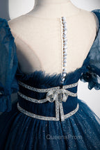 Blue Tulle Long A-Line Evening Prom Dress, A-Line Short Sleeve Evening Dress