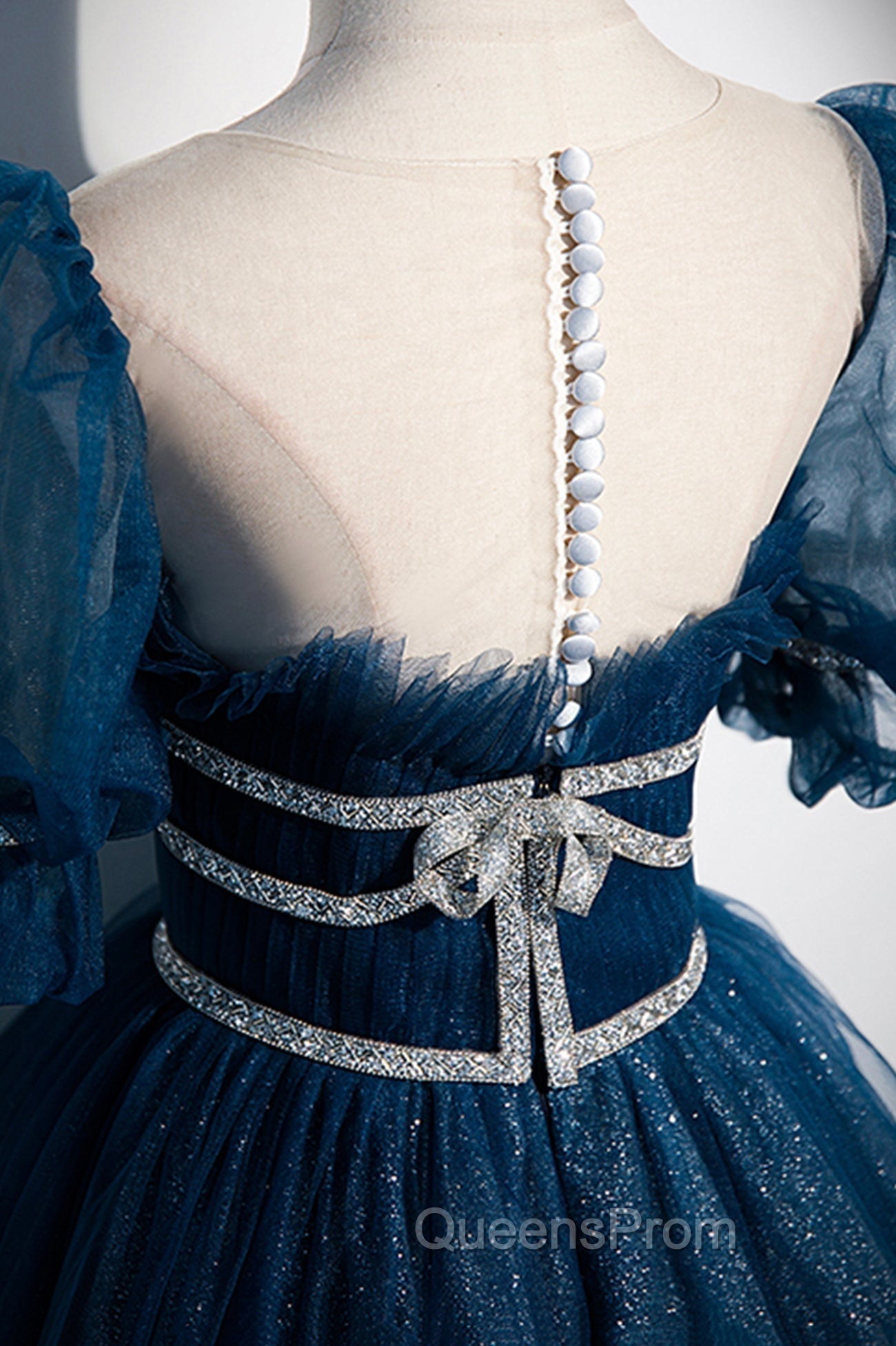 Blue Tulle Long A-Line Evening Prom Dress, A-Line Short Sleeve Evening Dress