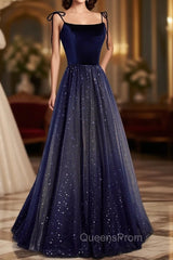 Blue Tulle Long A-Line Evening Prom Dress, Blue Spaghetti Strap Evening Party Dress