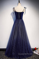 Blue Tulle Long A-Line Evening Prom Dress, Blue Spaghetti Strap Evening Party Dress