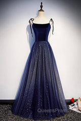 Blue Tulle Long A-Line Evening Prom Dress, Blue Spaghetti Strap Evening Party Dress