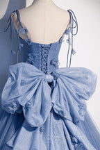 Blue Tulle Long A-Line Evening Prom Dress, Blue Spaghetti Straps Party Dress with Bow
