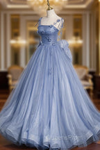 Blue Tulle Long A-Line Evening Prom Dress, Blue Spaghetti Straps Party Dress with Bow