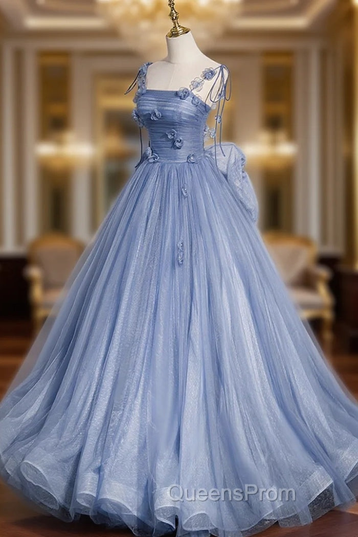 Blue Tulle Long A-Line Evening Prom Dress, Blue Spaghetti Straps Party Dress with Bow