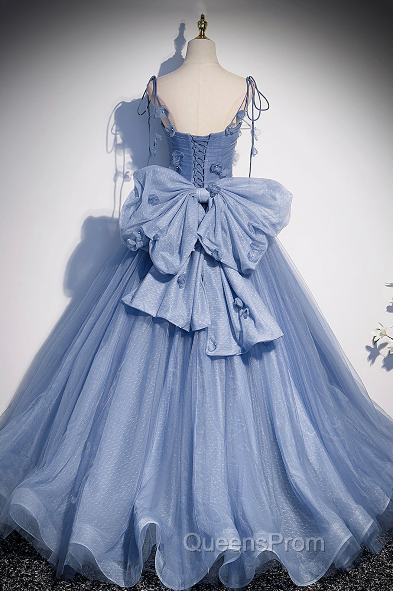 Blue Tulle Long A-Line Evening Prom Dress, Blue Spaghetti Straps Party Dress with Bow
