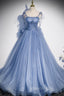 Blue Tulle Long A-Line Evening Prom Dress, Blue Spaghetti Straps Party Dress with Bow