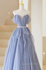 Blue Tulle Long A-Line Evening Prom Dress, Cute Strapless Graduation Dress