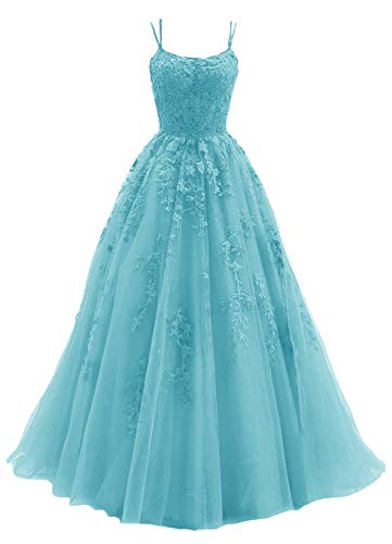 Blue Tulle Long A Line Classy Prom Dress Lace Classy Evening Dress