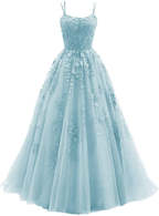 Blue Tulle Long A Line Classy Prom Dress Lace Classy Evening Dress