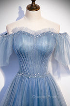 Blue Tulle Long A-Line Evening Prom Dress, Off the Shoulder Evening Party Dress