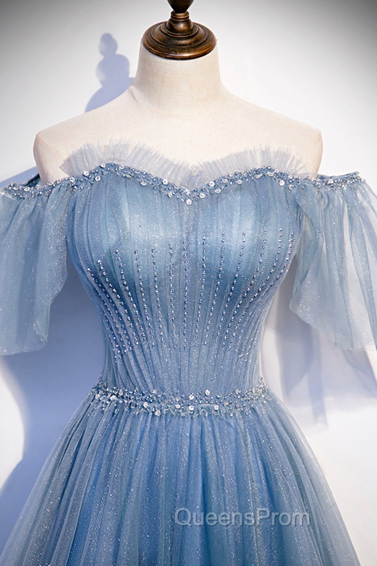 Blue Tulle Long A-Line Evening Prom Dress, Off the Shoulder Evening Party Dress