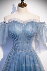 Blue Tulle Long A-Line Evening Prom Dress, Off the Shoulder Evening Party Dress