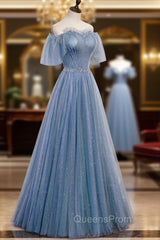 Blue Tulle Long A-Line Evening Prom Dress, Off the Shoulder Evening Party Dress