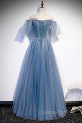 Blue Tulle Long A-Line Evening Prom Dress, Off the Shoulder Evening Party Dress