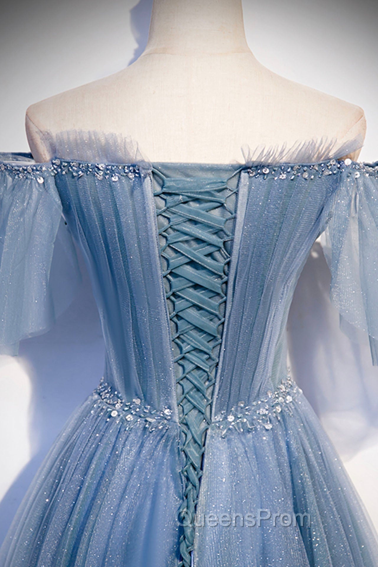 Blue Tulle Long A-Line Evening Prom Dress, Off the Shoulder Evening Party Dress
