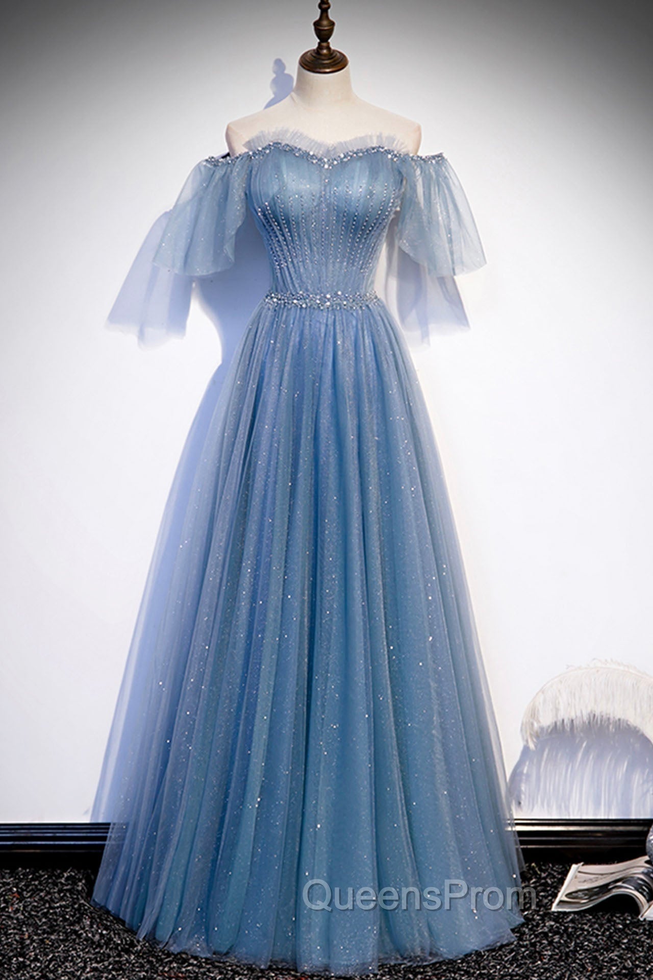 Blue Tulle Long A-Line Evening Prom Dress, Off the Shoulder Evening Party Dress Main image