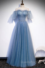 Blue Tulle Long A-Line Evening Prom Dress, Off the Shoulder Evening Party Dress