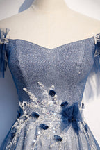 Blue Tulle Long A-Line Evening Prom Dress, Off the Shoulder Evening Party Dress