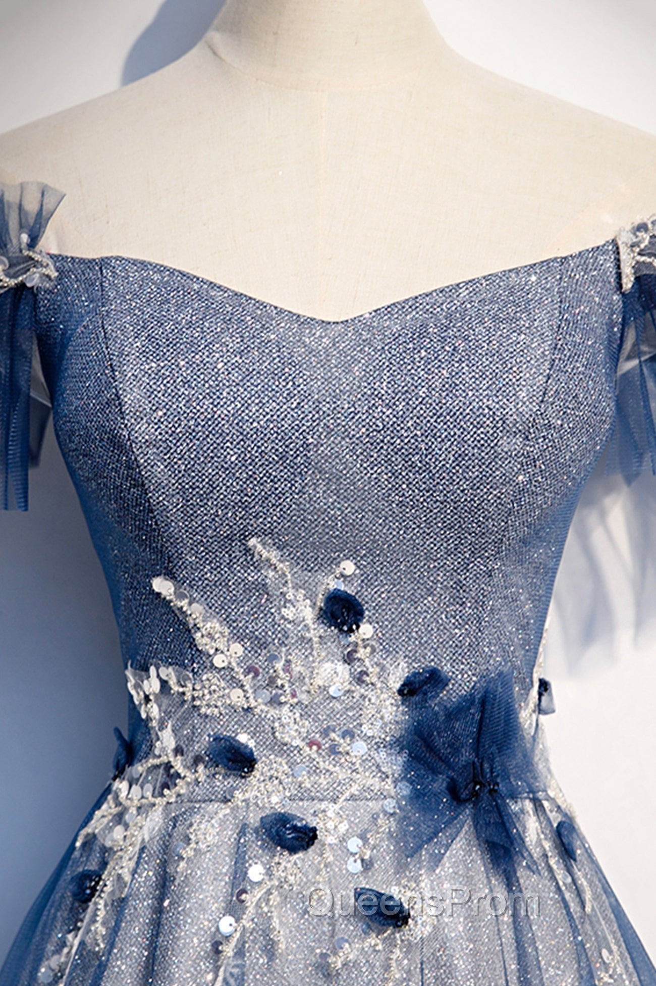 Blue Tulle Long A-Line Evening Prom Dress, Off the Shoulder Evening Party Dress