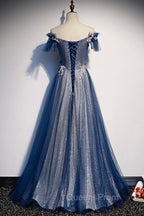 Blue Tulle Long A-Line Evening Prom Dress, Off the Shoulder Evening Party Dress