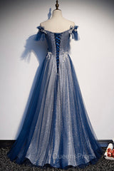 Blue Tulle Long A-Line Evening Prom Dress, Off the Shoulder Evening Party Dress