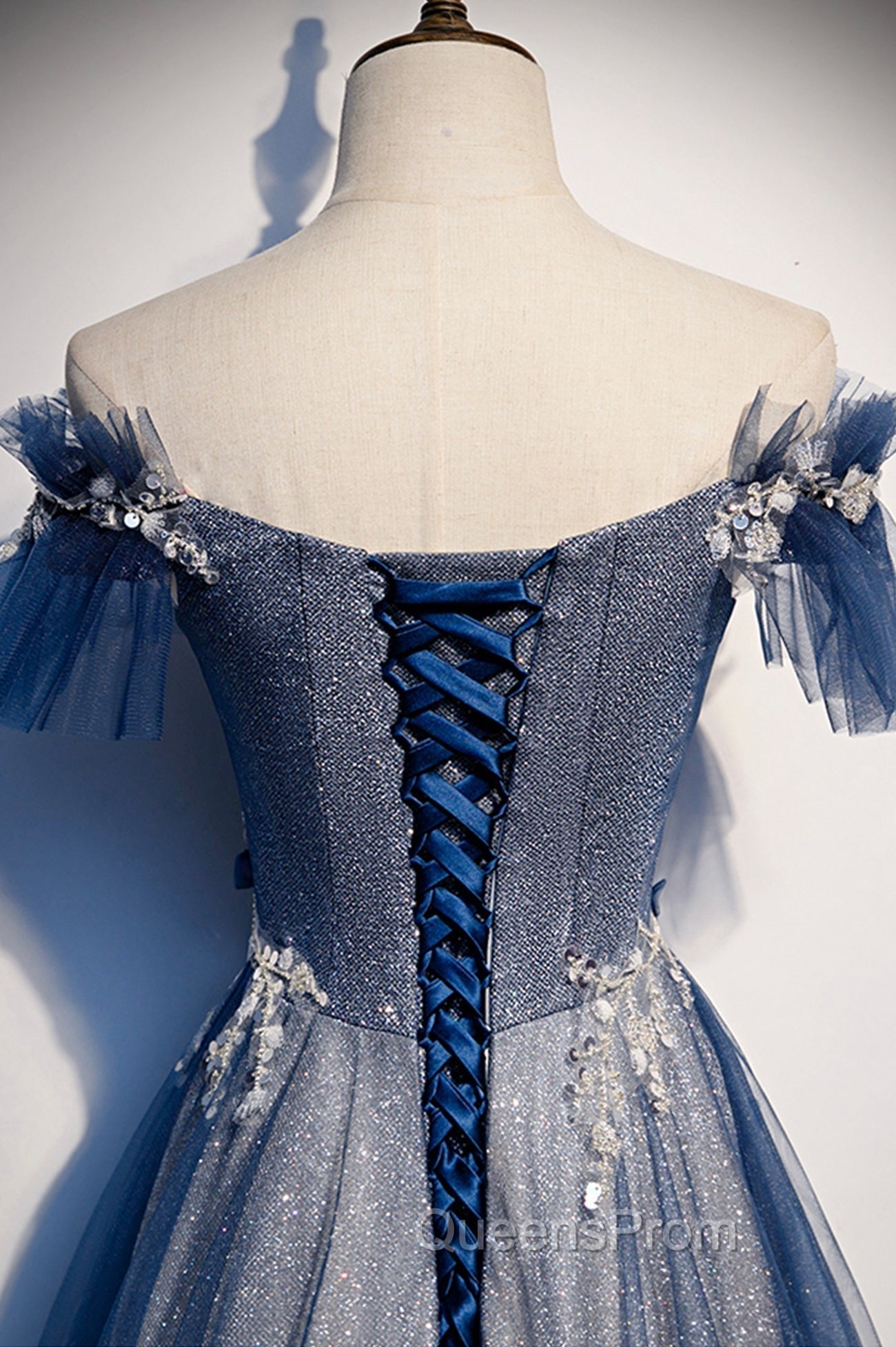 Blue Tulle Long A-Line Evening Prom Dress, Off the Shoulder Evening Party Dress