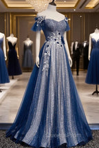 Blue Tulle Long A-Line Evening Prom Dress, Off the Shoulder Evening Party Dress