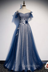 Blue Tulle Long A-Line Evening Prom Dress, Off the Shoulder Evening Party Dress