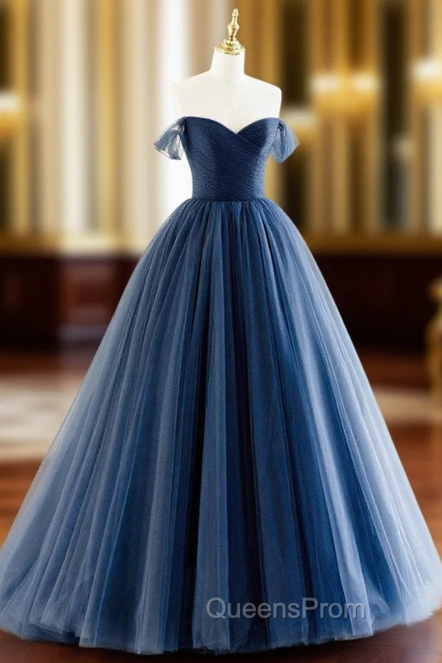 Blue Tulle Long A-Line Evening Prom Dress, Off the Shoulder Evening Dress Main image