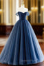 Blue Tulle Long A-Line Evening Prom Dress, Off the Shoulder Evening Dress