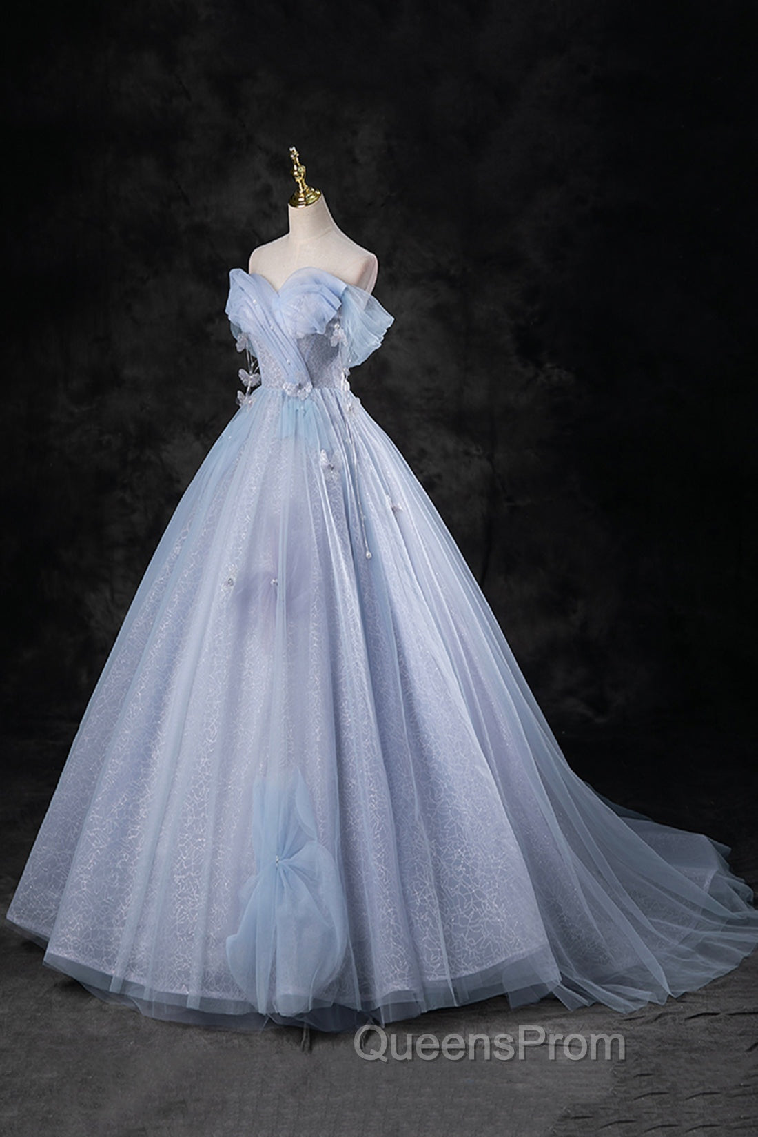 Blue Tulle Long A-Line Evening Prom Dress Party Dress, Beautiful Off the Shoulder Blue Evening Dress